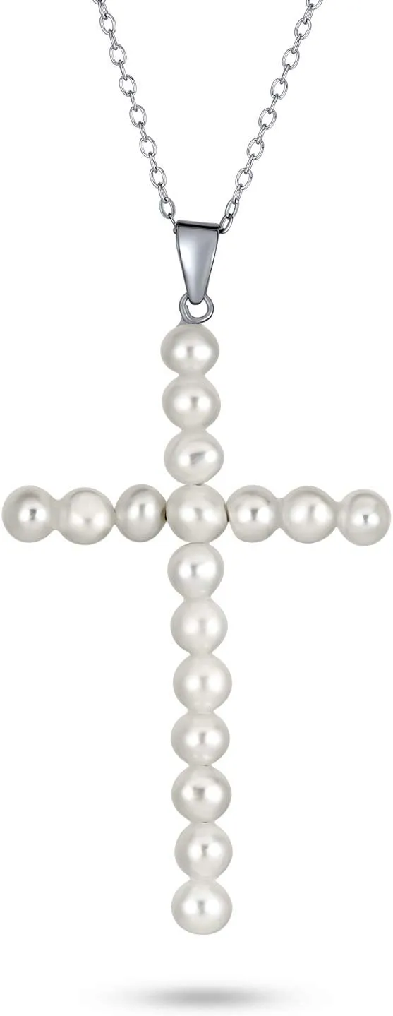 Vintage Style Bridal Simple Religious Simulated White Pearl Infinity Cross Necklace Pendant For Women Wedding Teen .925 Sterling Silver