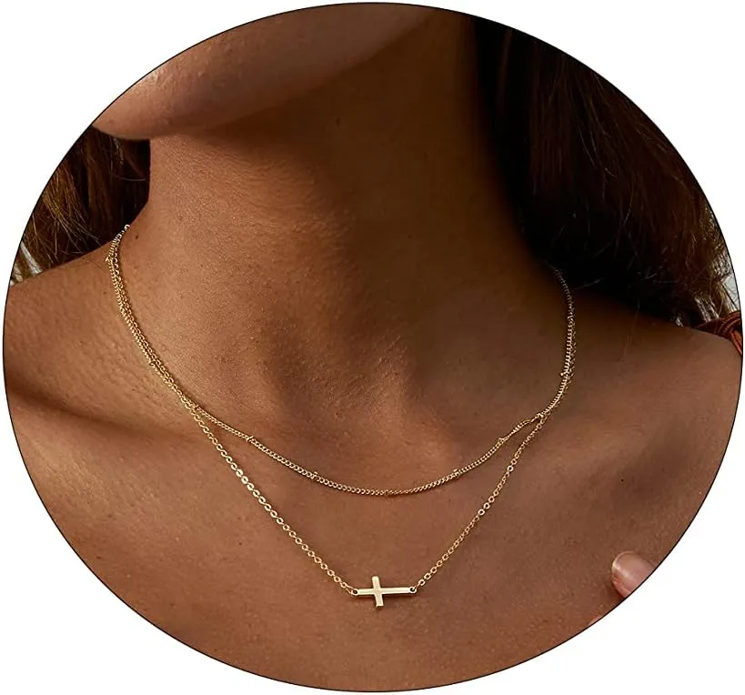 VIROMY Gold Cross Necklace for Women 14K Gold Plated Cute Sidways Cross Pendant Choker Necklaces Simple Trendy Everyday Jewelry for Women
