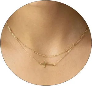 VIROMY Gold Cross Necklace for Women 14K Gold Plated Cute Sidways Cross Pendant Choker Necklaces Simple Trendy Everyday Jewelry for Women