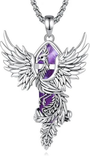 Vito Phoenix Necklace for Women Men, Silver Plated Copper Phoenix Obsidian/Amethyst/Turquoise/Malachite Pendant Hexagonal Prism Obsidian Crystal Protection Energy Amulet Jewelry Gift, 20 2"