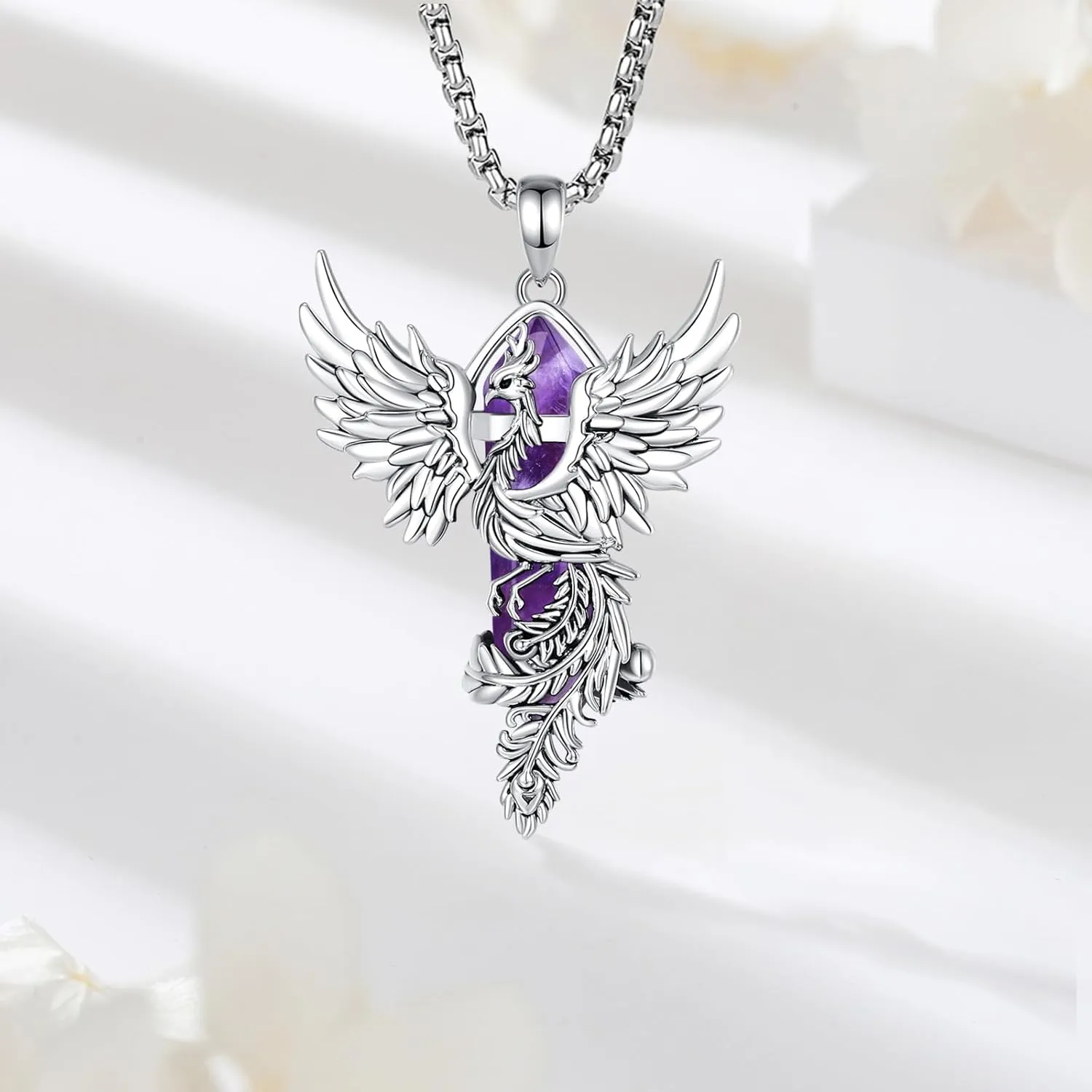 Vito Phoenix Necklace for Women Men, Silver Plated Copper Phoenix Obsidian/Amethyst/Turquoise/Malachite Pendant Hexagonal Prism Obsidian Crystal Protection Energy Amulet Jewelry Gift, 20 2"