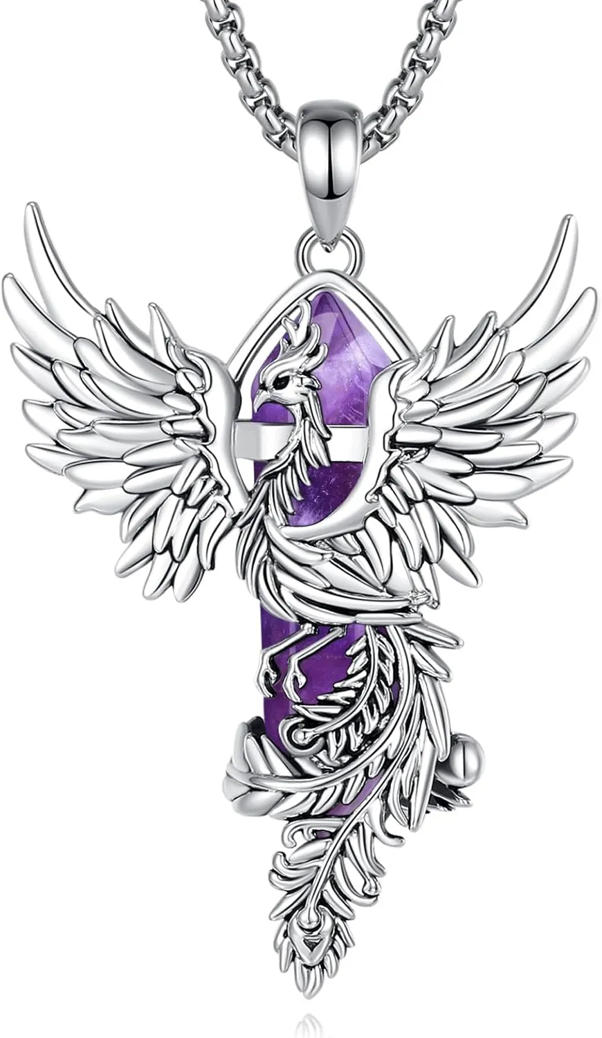 Vito Phoenix Necklace for Women Men, Silver Plated Copper Phoenix Obsidian/Amethyst/Turquoise/Malachite Pendant Hexagonal Prism Obsidian Crystal Protection Energy Amulet Jewelry Gift, 20 2"