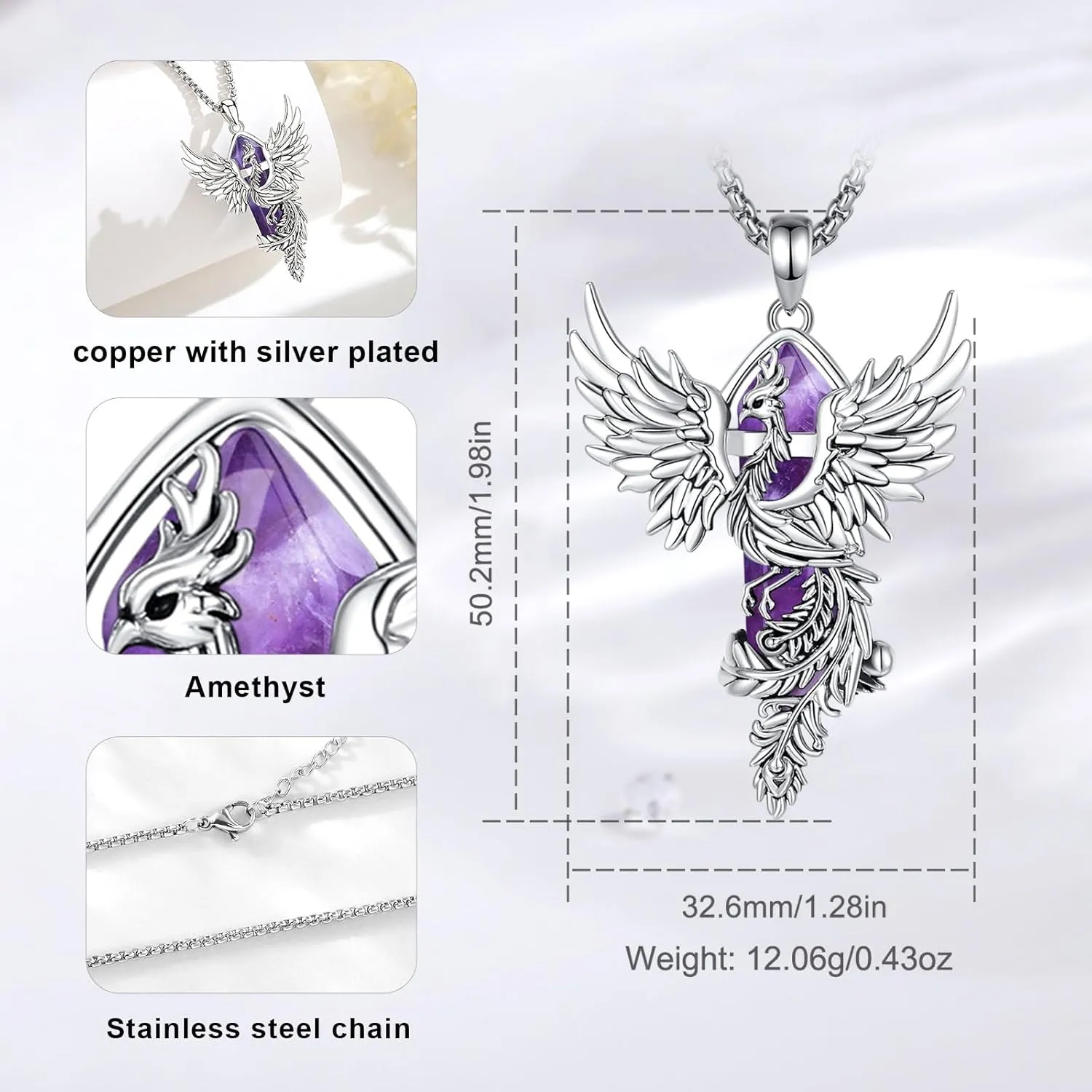 Vito Phoenix Necklace for Women Men, Silver Plated Copper Phoenix Obsidian/Amethyst/Turquoise/Malachite Pendant Hexagonal Prism Obsidian Crystal Protection Energy Amulet Jewelry Gift, 20 2"