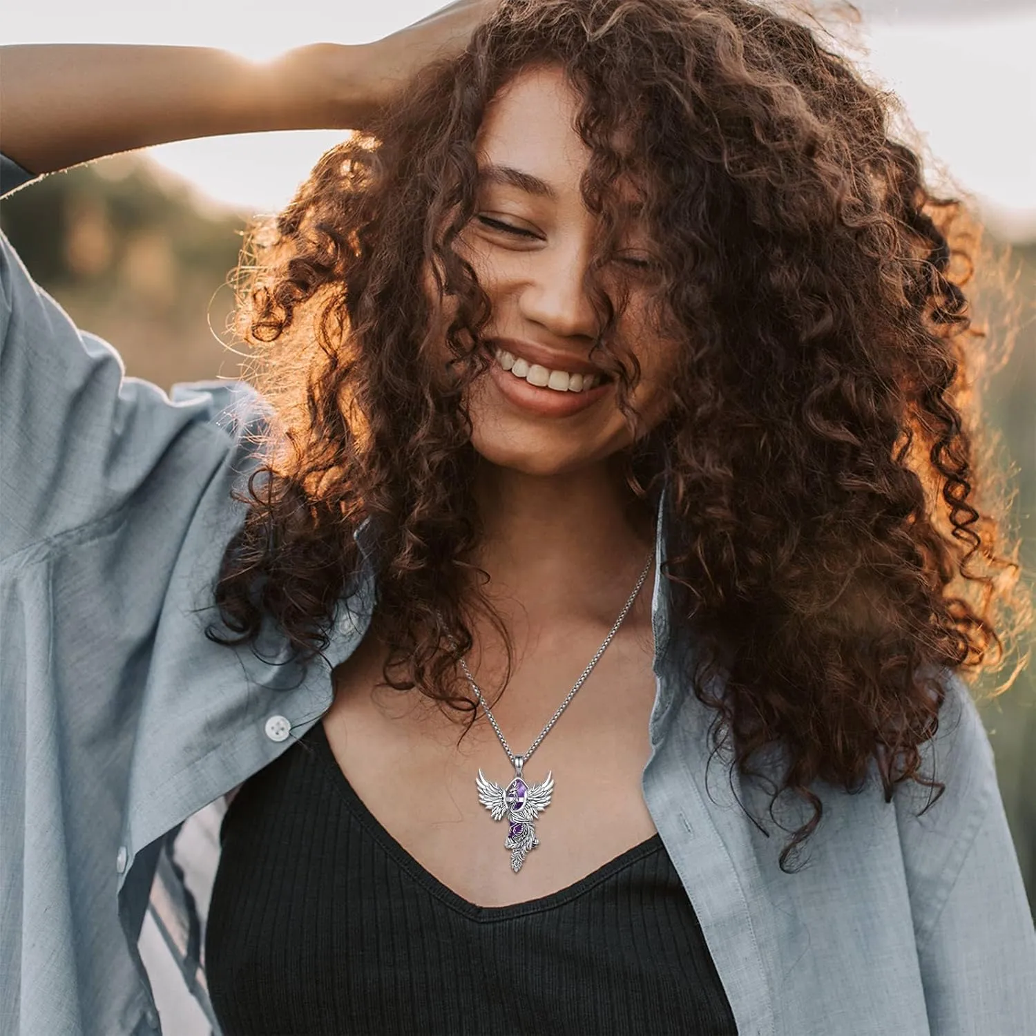 Vito Phoenix Necklace for Women Men, Silver Plated Copper Phoenix Obsidian/Amethyst/Turquoise/Malachite Pendant Hexagonal Prism Obsidian Crystal Protection Energy Amulet Jewelry Gift, 20 2"