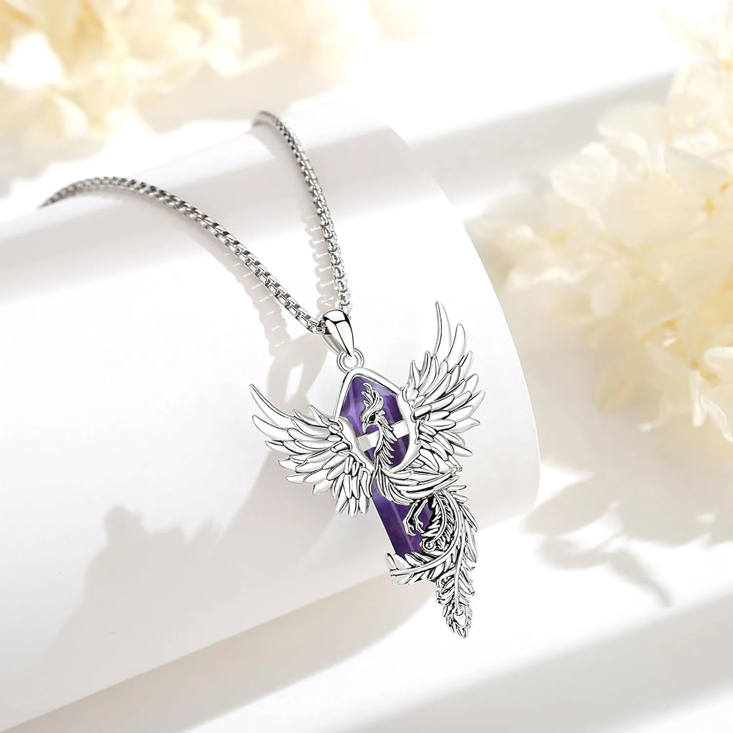 Vito Phoenix Necklace for Women Men, Silver Plated Copper Phoenix Obsidian/Amethyst/Turquoise/Malachite Pendant Hexagonal Prism Obsidian Crystal Protection Energy Amulet Jewelry Gift, 20 2"
