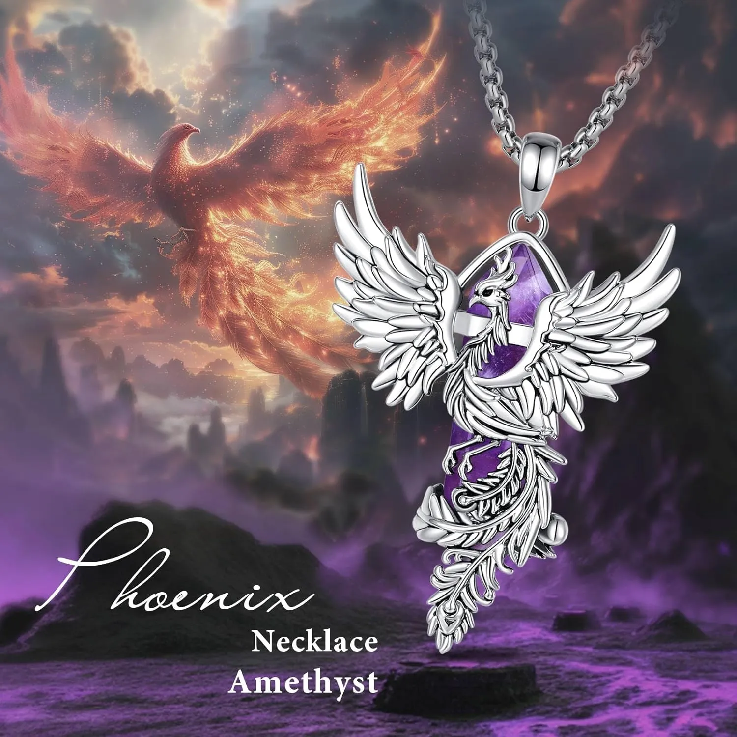 Vito Phoenix Necklace for Women Men, Silver Plated Copper Phoenix Obsidian/Amethyst/Turquoise/Malachite Pendant Hexagonal Prism Obsidian Crystal Protection Energy Amulet Jewelry Gift, 20 2"