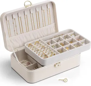 Vlando Jewelry Travel Organizer 2 Layer Travel Jewelry Case PU Leather Jewelry Organizer for Necklace Earring Storage Gifts for Girls Women, Off White