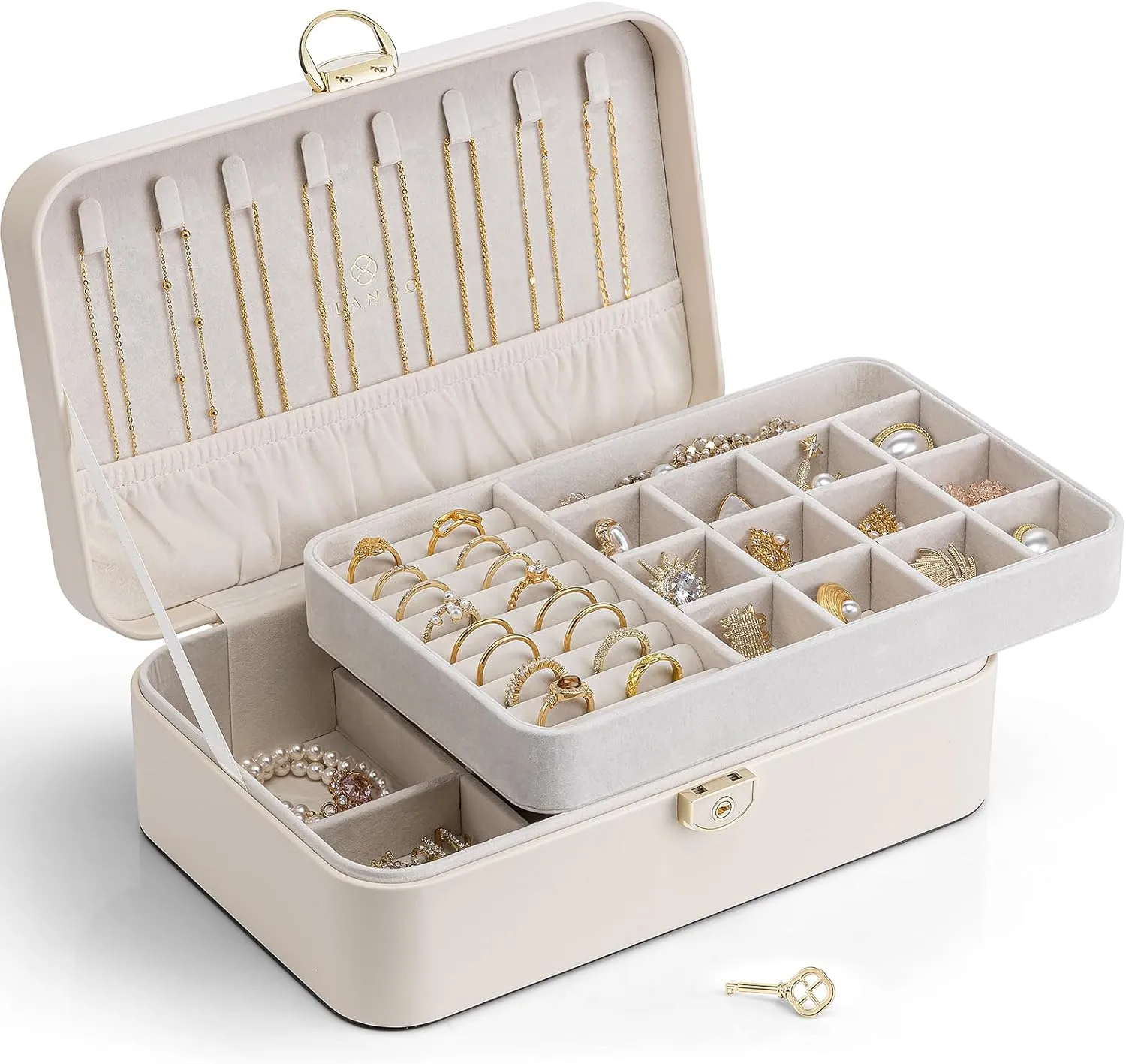 Vlando Jewelry Travel Organizer 2 Layer Travel Jewelry Case PU Leather Jewelry Organizer for Necklace Earring Storage Gifts for Girls Women, Off White