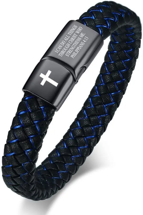 VNOX Personalized Cross Inspirational Christian Quote Two-Tone Braided Leather Bracelet Cuff Bangle Wristband Bible Verse Bracelet Gift for Men Boys