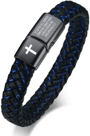 VNOX Personalized Cross Inspirational Christian Quote Two-Tone Braided Leather Bracelet Cuff Bangle Wristband Bible Verse Bracelet Gift for Men Boys