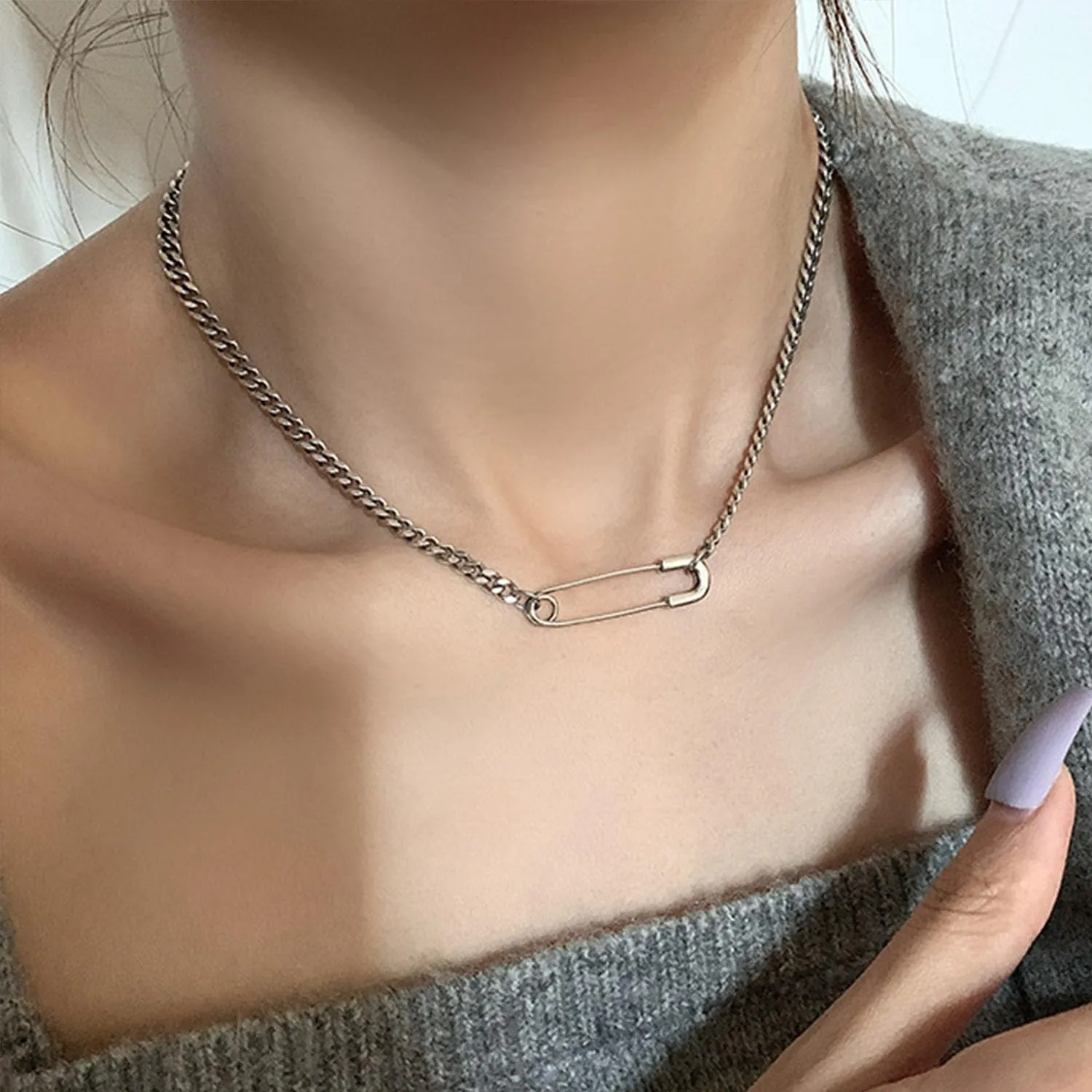Volare Safety Pin Necklace Silver for Women Dainty Heart Pendant Necklace Silver Choker Necklace Paperclip Chain Necklace for Women