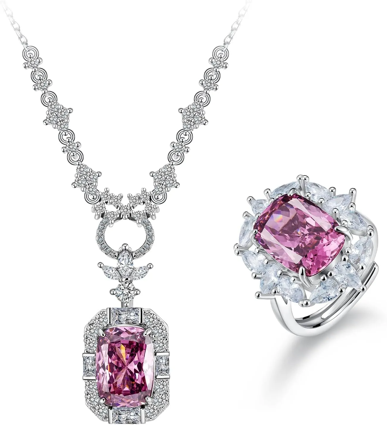 Waimore Pink Jewelry Set Heart and Square Design Gemstone Birthstone Jewelry Set with Heart Shape Rings Necklaces and Earrings for any Special Occasions for Valentine's Day