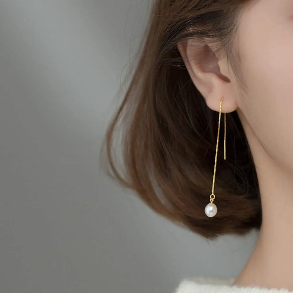 Waterdrop Pearl Sterling Silver Threader Earrings for Women Elegant Shell Pearl Long Tassel Chain Dangle Drop Statement Earring Studs Ear Line Dainty Jewelry Gifts Hypoallergenic