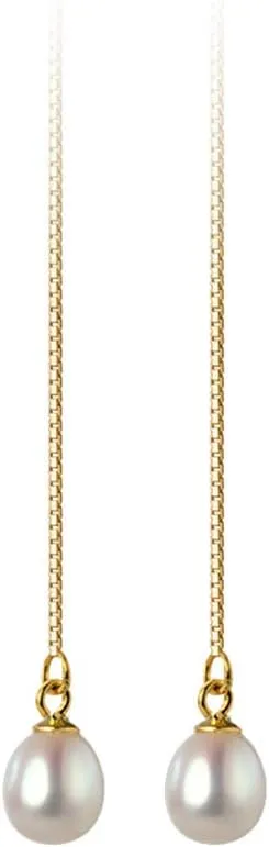 Waterdrop Pearl Sterling Silver Threader Earrings for Women Elegant Shell Pearl Long Tassel Chain Dangle Drop Statement Earring Studs Ear Line Dainty Jewelry Gifts Hypoallergenic