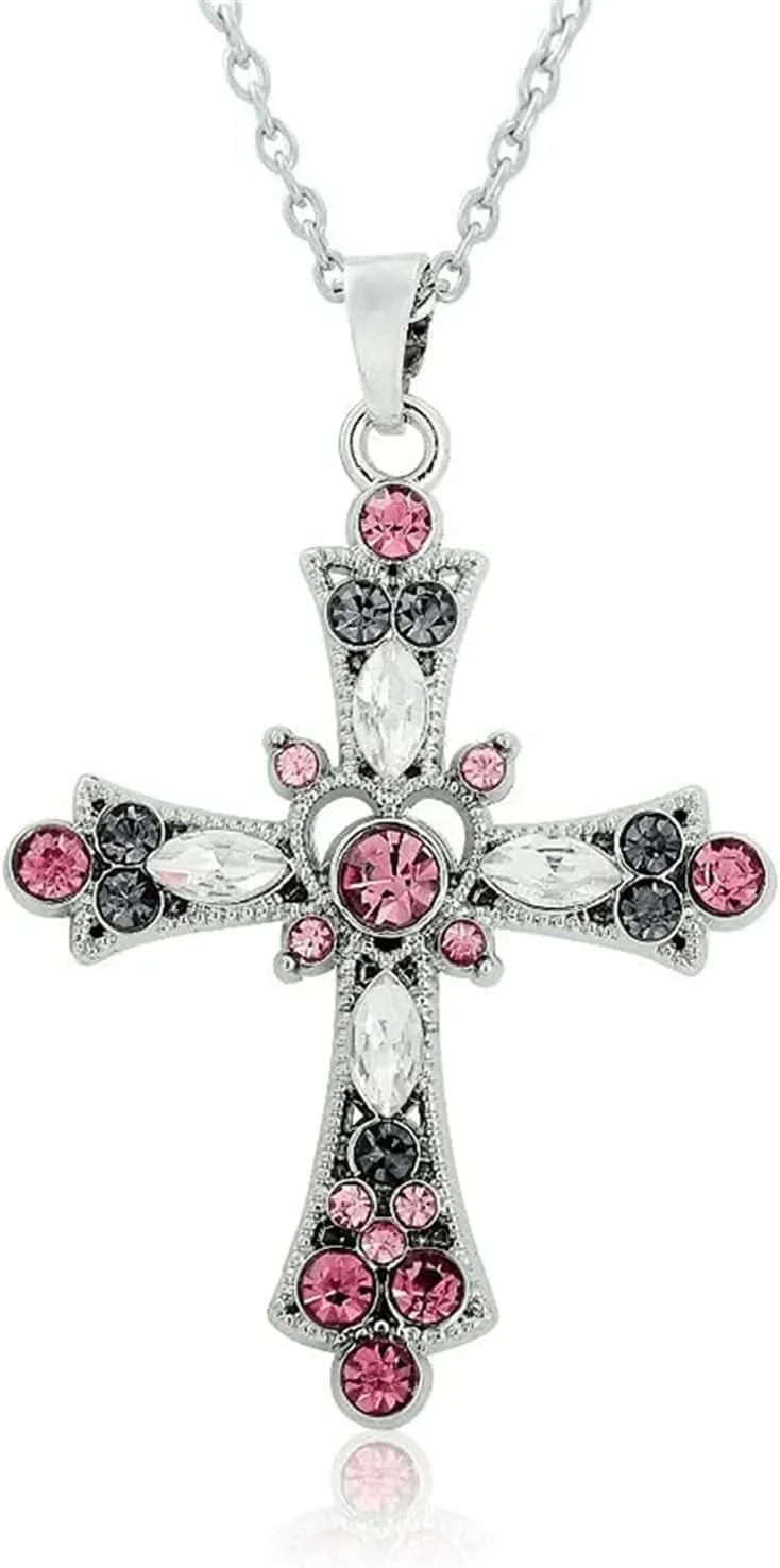 WCRAZYE Pink Cross Necklace for Men Women Chic Fashion Bohemian Sparkling Crystal Y2K Punk Gothic Celtic Christian Prayer Zircon Faith Choker Necklace Jewelry (Pink)