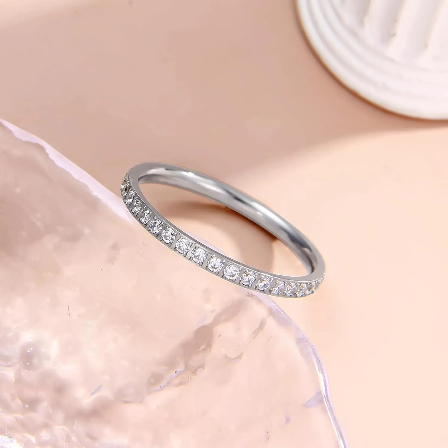 Wedding Bands Promise Rings for Women: 18K Gold Plated Stainless Steel CZ Simulated Diamond Eternity Band Stackable Engagement Ring 2mm Thin Jewelry Silver Rose Gold Size 5 6 7 8 9 10