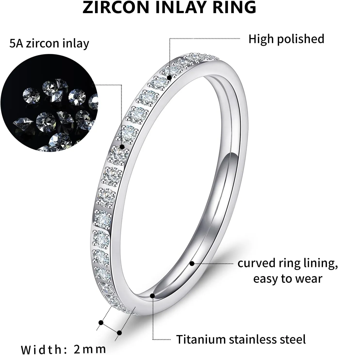 Wedding Bands Promise Rings for Women: 18K Gold Plated Stainless Steel CZ Simulated Diamond Eternity Band Stackable Engagement Ring 2mm Thin Jewelry Silver Rose Gold Size 5 6 7 8 9 10