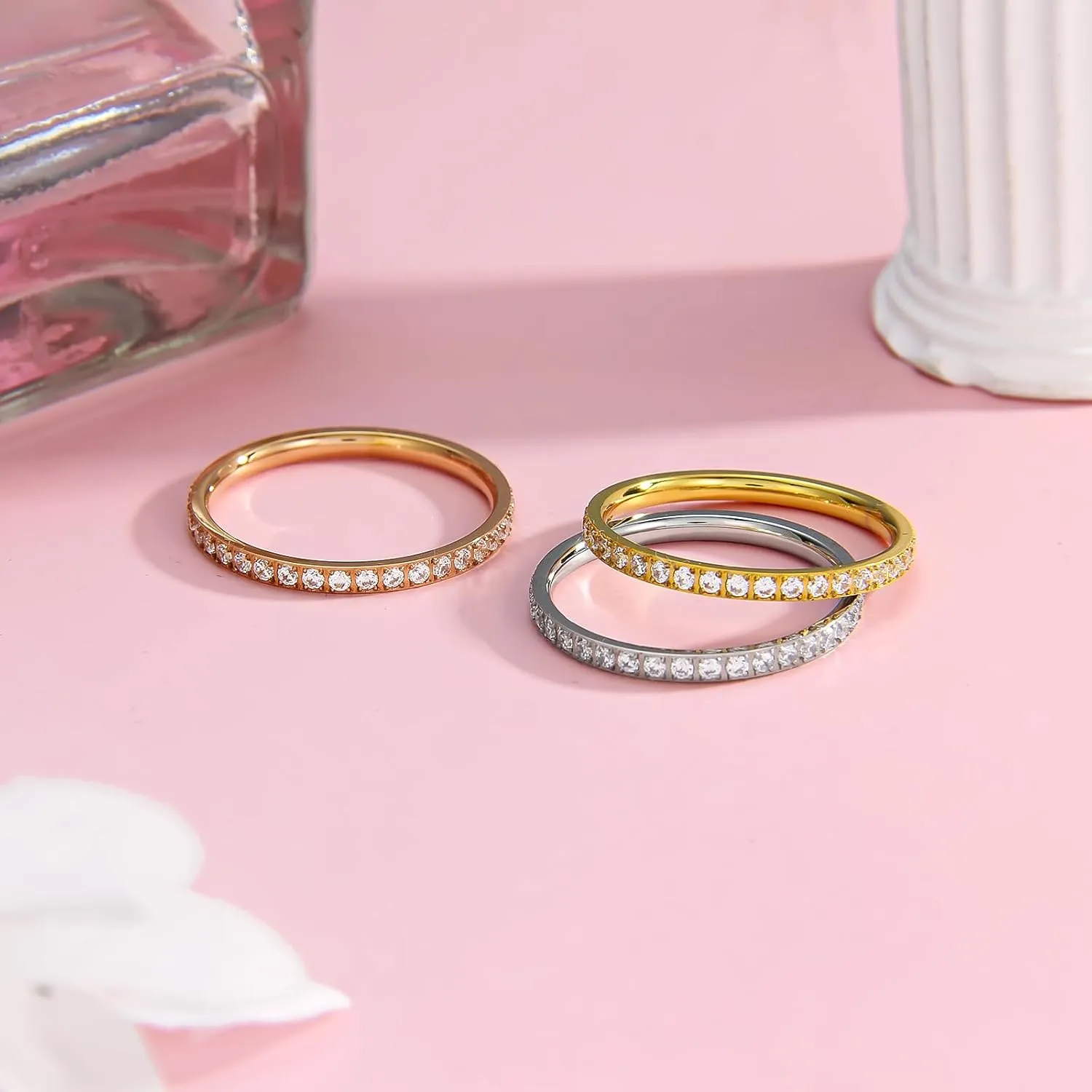 Wedding Bands Promise Rings for Women: 18K Gold Plated Stainless Steel CZ Simulated Diamond Eternity Band Stackable Engagement Ring 2mm Thin Jewelry Silver Rose Gold Size 5 6 7 8 9 10