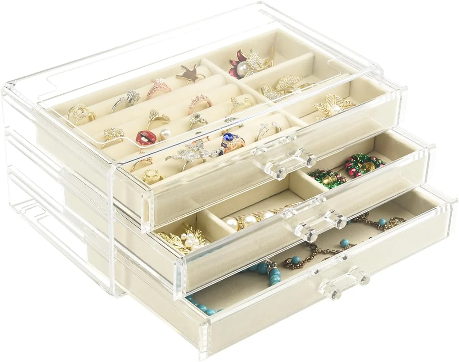 Weiai Acrylic Jewelry Box 3 Drawers, Velvet Jewellery Organizer, Earring Rings Necklaces Bracelets Display Case Gift for Women, Girls, Beige