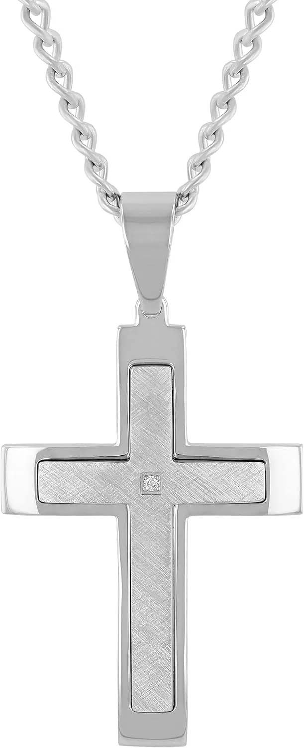 White Diamond Accented Stainless Steel Stacked Cross Pendant on 24" Twisted Curb Chain Necklace (H-I Color, I2-I3 Clarity)