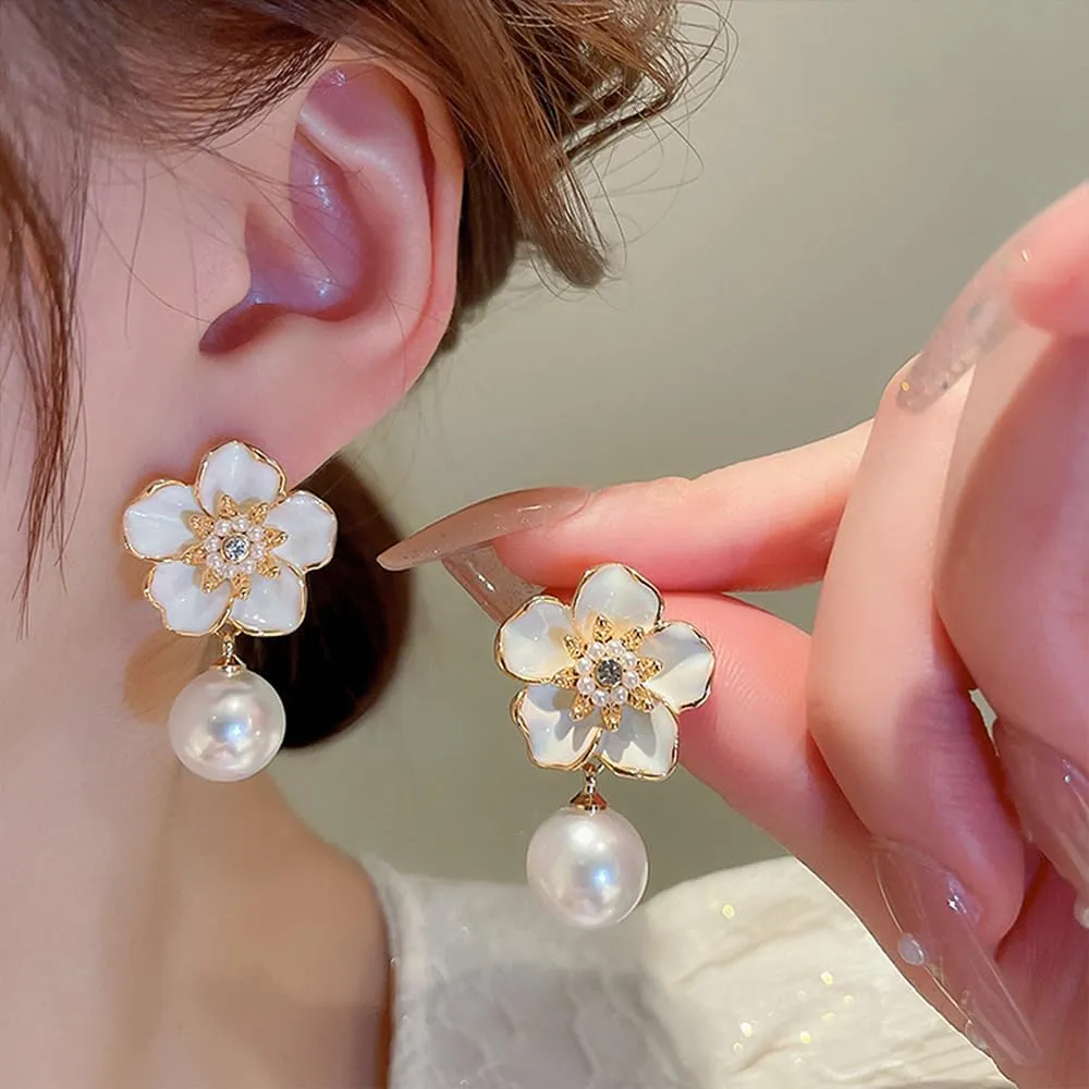 White Pearl Enamel Flower Drop Dangle Earrings for Women,Dainty Statement Dripping Oil Camellia Earrings,Vintage Valentine's Day Jewelry Gifts