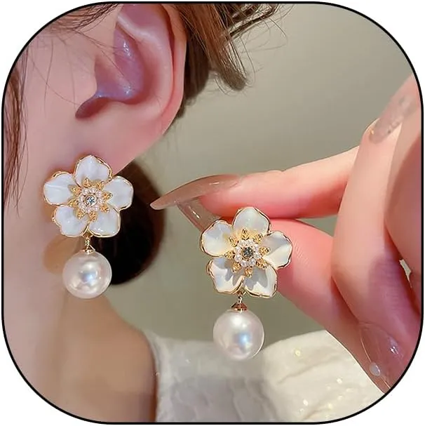 White Pearl Enamel Flower Drop Dangle Earrings for Women,Dainty Statement Dripping Oil Camellia Earrings,Vintage Valentine's Day Jewelry Gifts