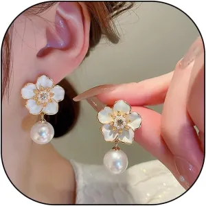 White Pearl Enamel Flower Drop Dangle Earrings for Women,Dainty Statement Dripping Oil Camellia Earrings,Vintage Valentine's Day Jewelry Gifts