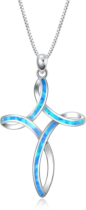 WINNICACA Opal Cross Necklace for Women, 925 Sterling Silver Cross Pendant Necklaces Celtic Knot Blue White Opal Jewelry Birthday Christian Gifts for Women Her Wife Mom Daughter