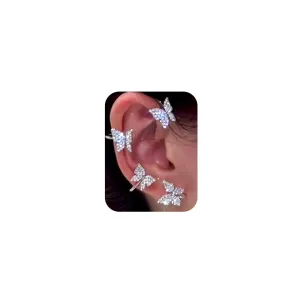 Wiwpar 2PCS Butterfly Ear Cuffs Climber Earrings for Women Rhinestone Non Pierced Right Left Ear Clips Wrap Around Fairy Elegant Shiny Earrings (silver)