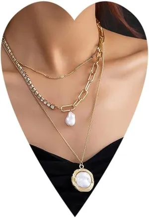 Wiwpar Layered Long Choker Necklace Vintage Pearl Pendant Necklaces Chunky Link Tennis Chain Fashion Retro Charm for Women
