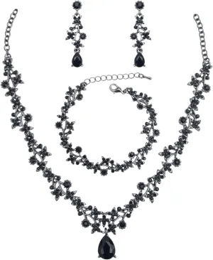 Womens Brides Bridesmaid Jewelry Set Austrian Crystal Teardrop Elegant Necklace Dangle Earrings Link Bracelet Wedding Prom Costume Party Events Evening Dress (Black-Gun Plated)