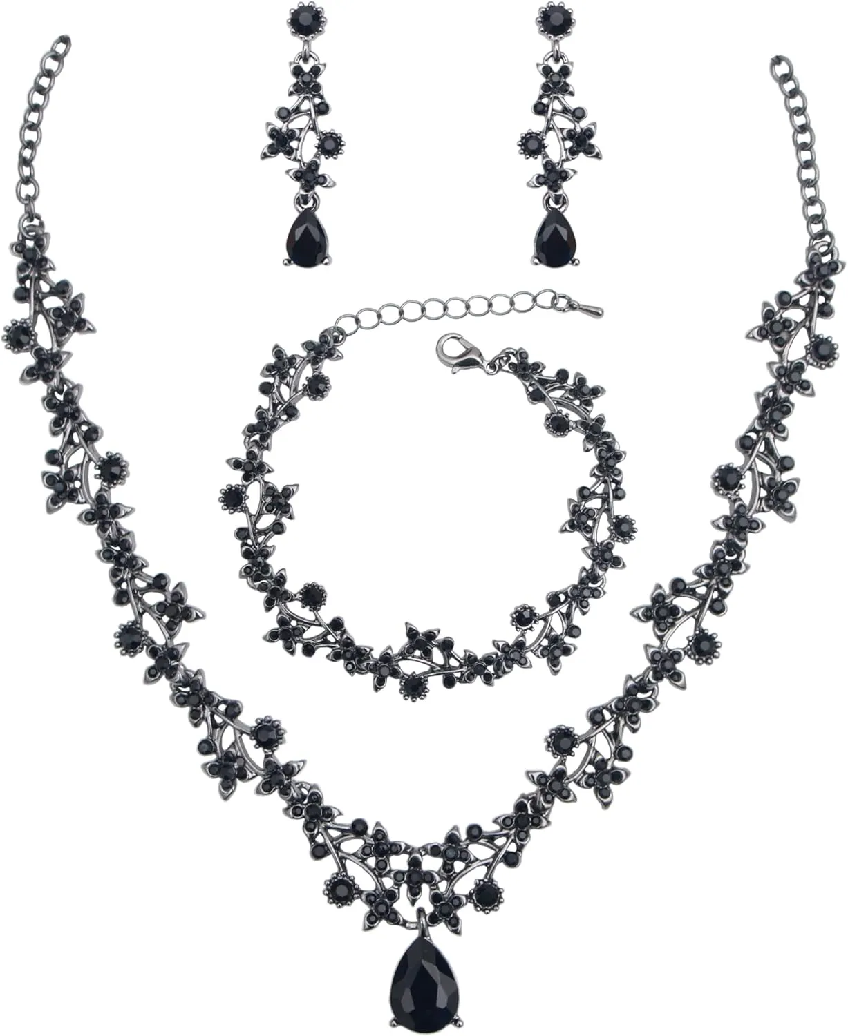 Womens Brides Bridesmaid Jewelry Set Austrian Crystal Teardrop Elegant Necklace Dangle Earrings Link Bracelet Wedding Prom Costume Party Events Evening Dress (Black-Gun Plated)