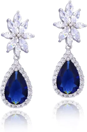Women's Cubic Zirconia Bridal Earrings - Elegant Sterling Silver CZ Wedding Party Prom Earrings for Bride Bridesmaids Crystal Rhinestone Floral Cluster Chandelier Dangle Drop Earrings for Women Girls