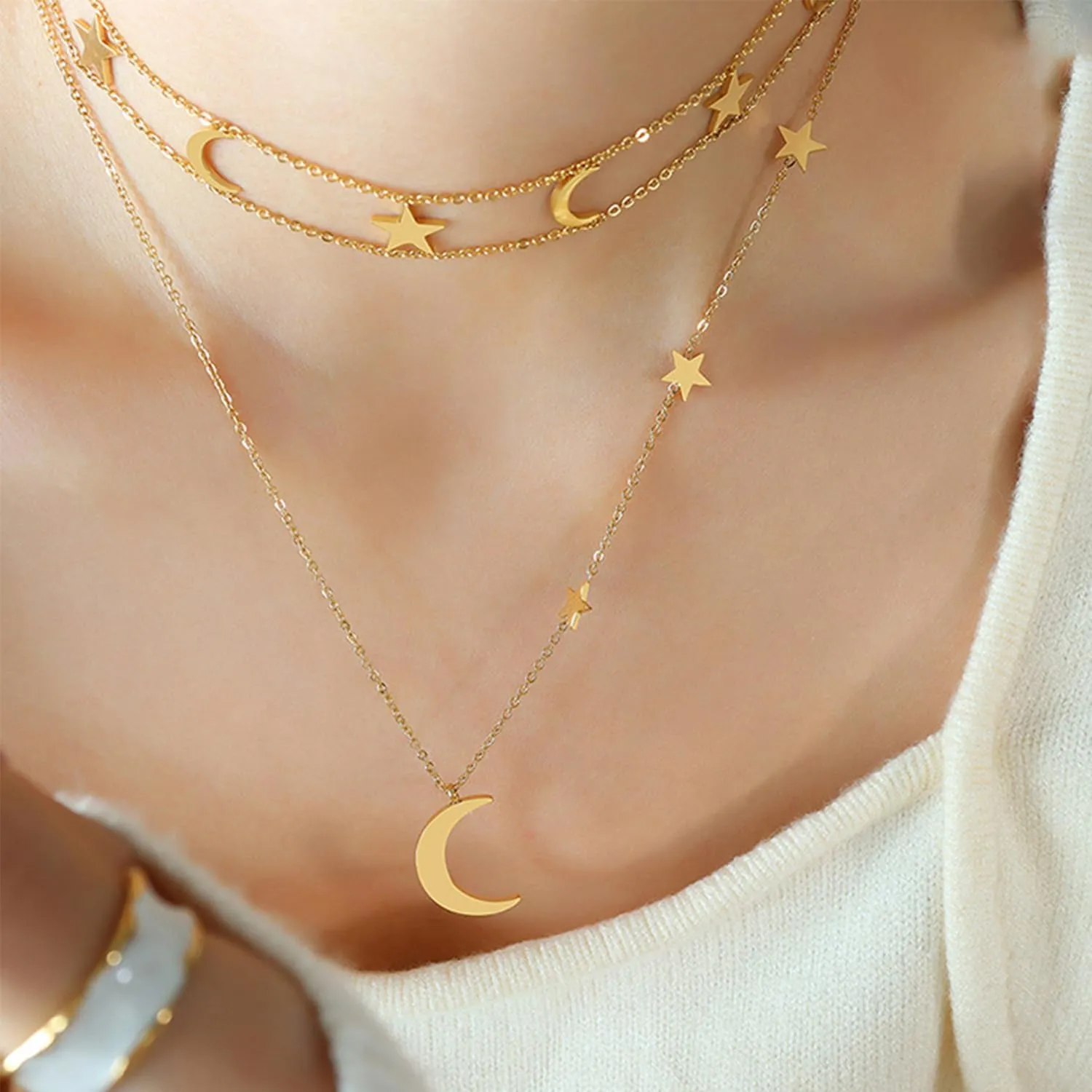 Women's Moon and Star Necklace - Gold Crescent Moon Pendant, Cute Sun Charm, Delicate and Elegant Necklace for Women