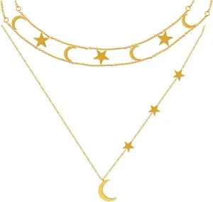 Women's Moon and Star Necklace - Gold Crescent Moon Pendant, Cute Sun Charm, Delicate and Elegant Necklace for Women