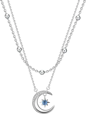 Womens Pendant Necklace, Handcrafted Dual-Layer 925 Sterling Silver Hypoallergenic 18k Gold Plated Necklace with Dainty Star and Moon, Sparkling 5A Cubic Zirconia, Romantic Gift for Her
