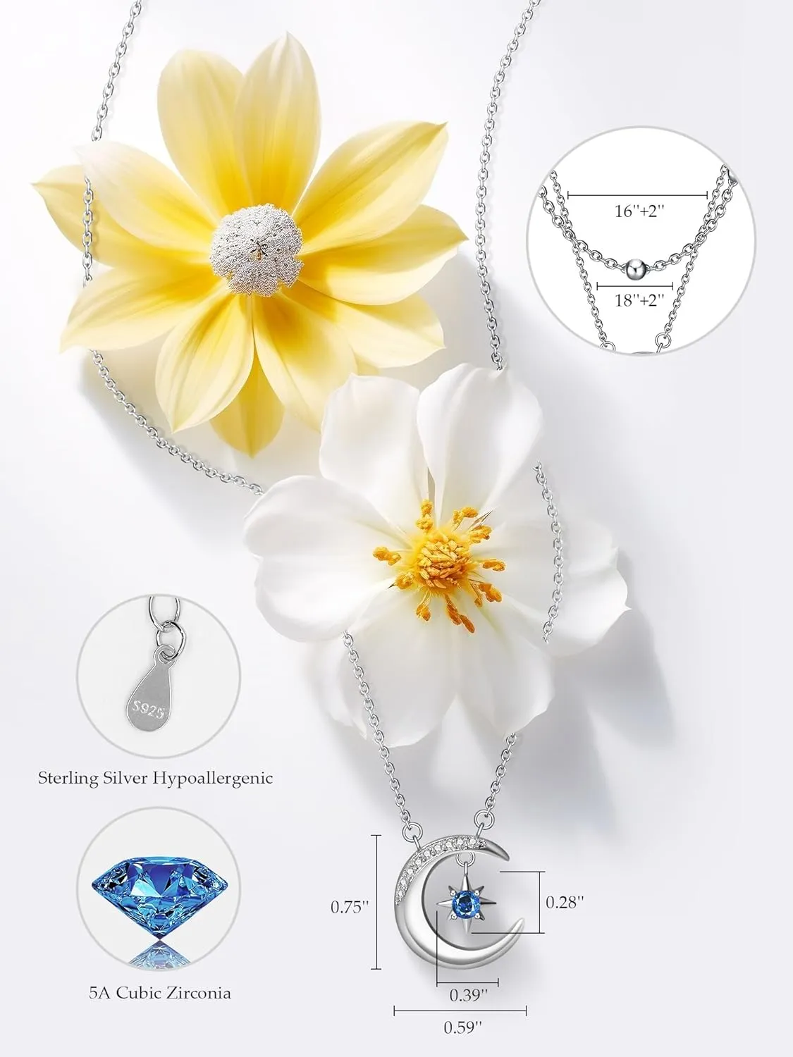 Womens Pendant Necklace, Handcrafted Dual-Layer 925 Sterling Silver Hypoallergenic 18k Gold Plated Necklace with Dainty Star and Moon, Sparkling 5A Cubic Zirconia, Romantic Gift for Her