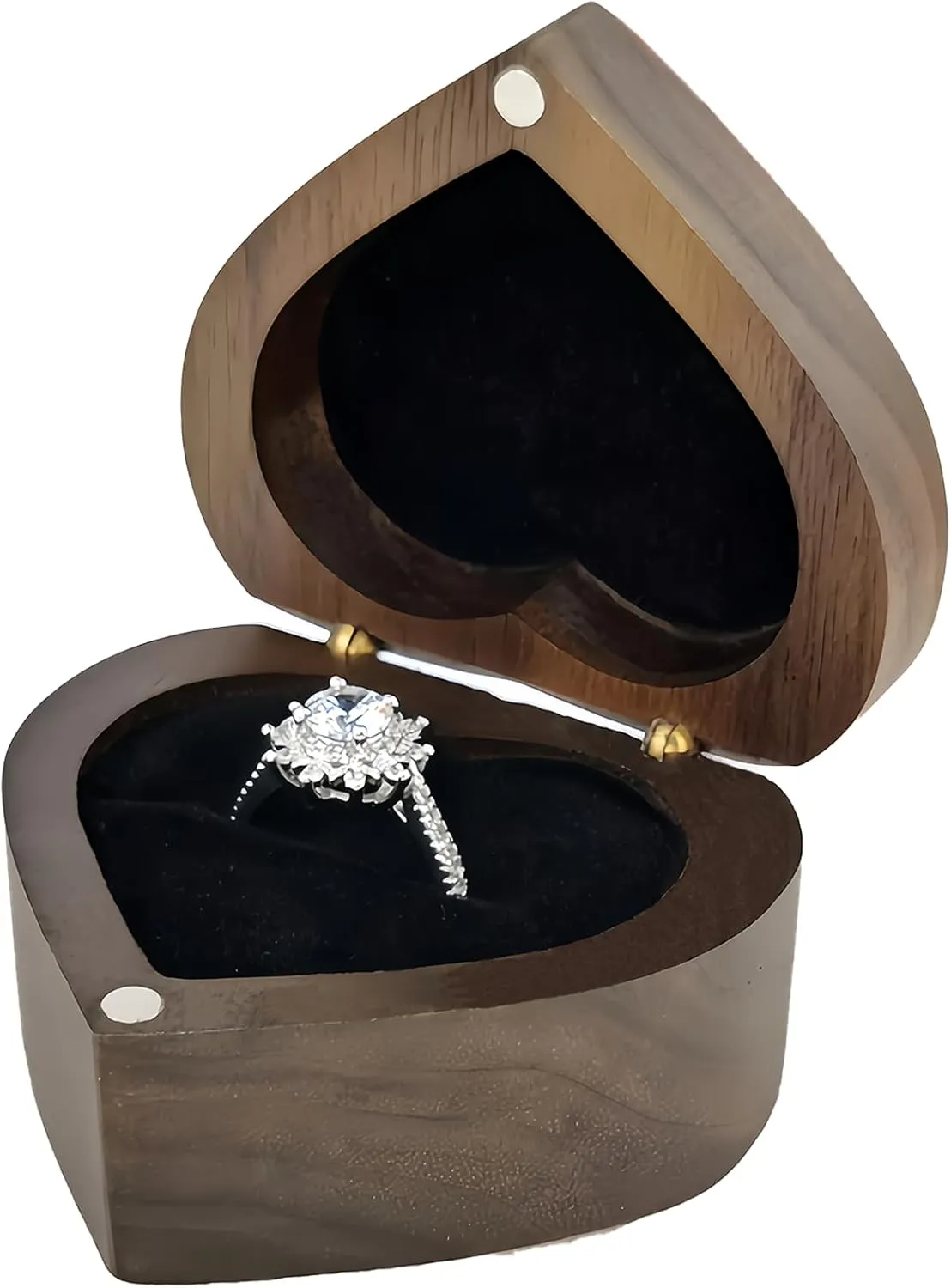 Wooden Heart shape ring gift box single 1 slot,Personalized Vintage ring Holder Case box for Proposal Engagement Wedding Ceremony Anniversary(Velvet lining black)