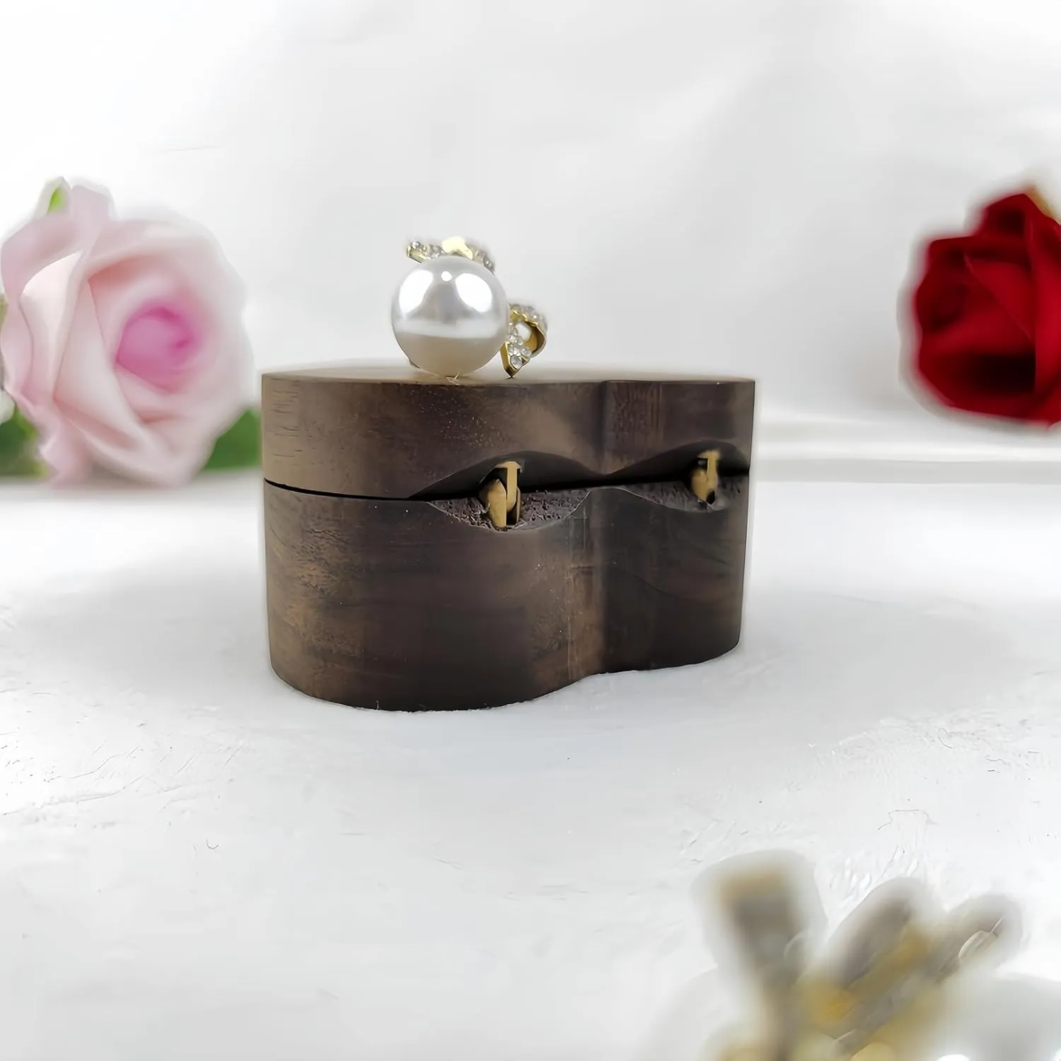 Wooden Heart shape ring gift box single 1 slot,Personalized Vintage ring Holder Case box for Proposal Engagement Wedding Ceremony Anniversary(Velvet lining black)
