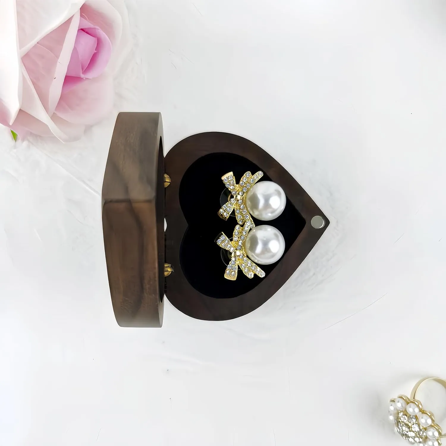 Wooden Heart shape ring gift box single 1 slot,Personalized Vintage ring Holder Case box for Proposal Engagement Wedding Ceremony Anniversary(Velvet lining black)