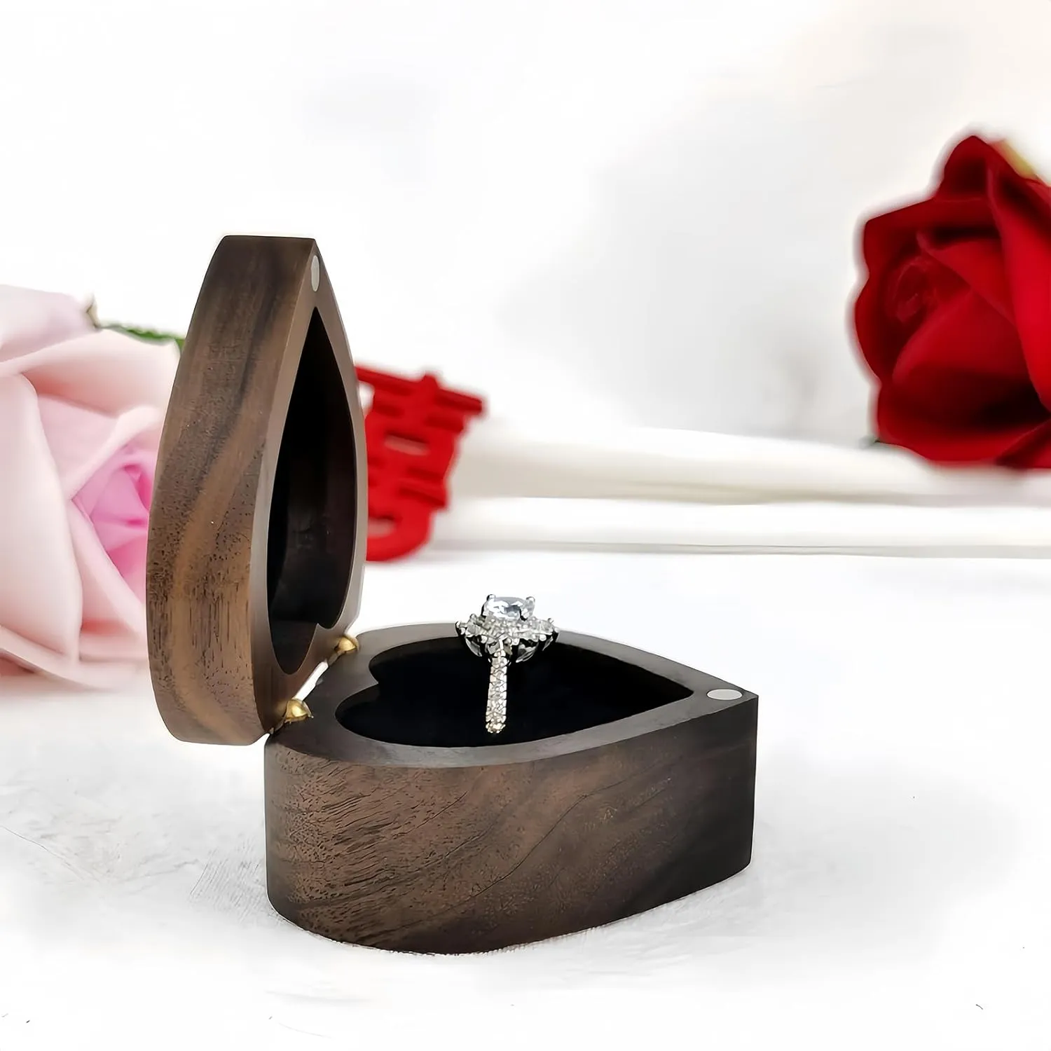 Wooden Heart shape ring gift box single 1 slot,Personalized Vintage ring Holder Case box for Proposal Engagement Wedding Ceremony Anniversary(Velvet lining black)