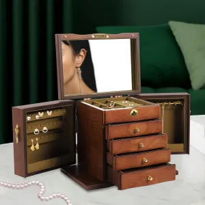 Wooden Jewelry Box for Women, 4 Drawers 5 Layer Wood Organizer with Combo Lock for Jewelries, Necklaces, Rings, Vintage Style Storage Box with Mirror