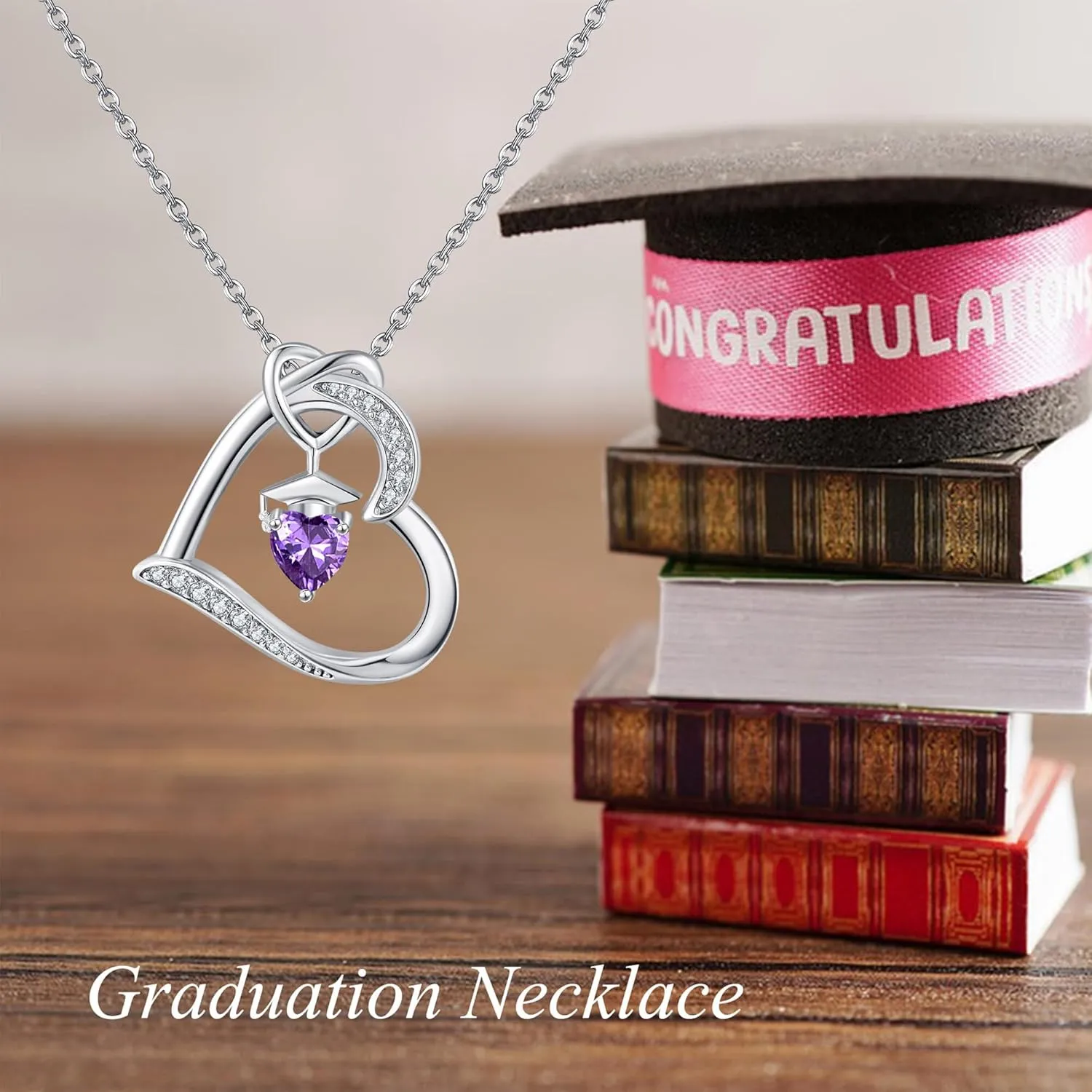YAFEINI Birthstone Graduation Necklace S925 Sterling Silver Class of 2024 Bachelor Cap Necklaces Class of 2025 Heart Pendant College High School Graduation Jewelry Gifts for Women