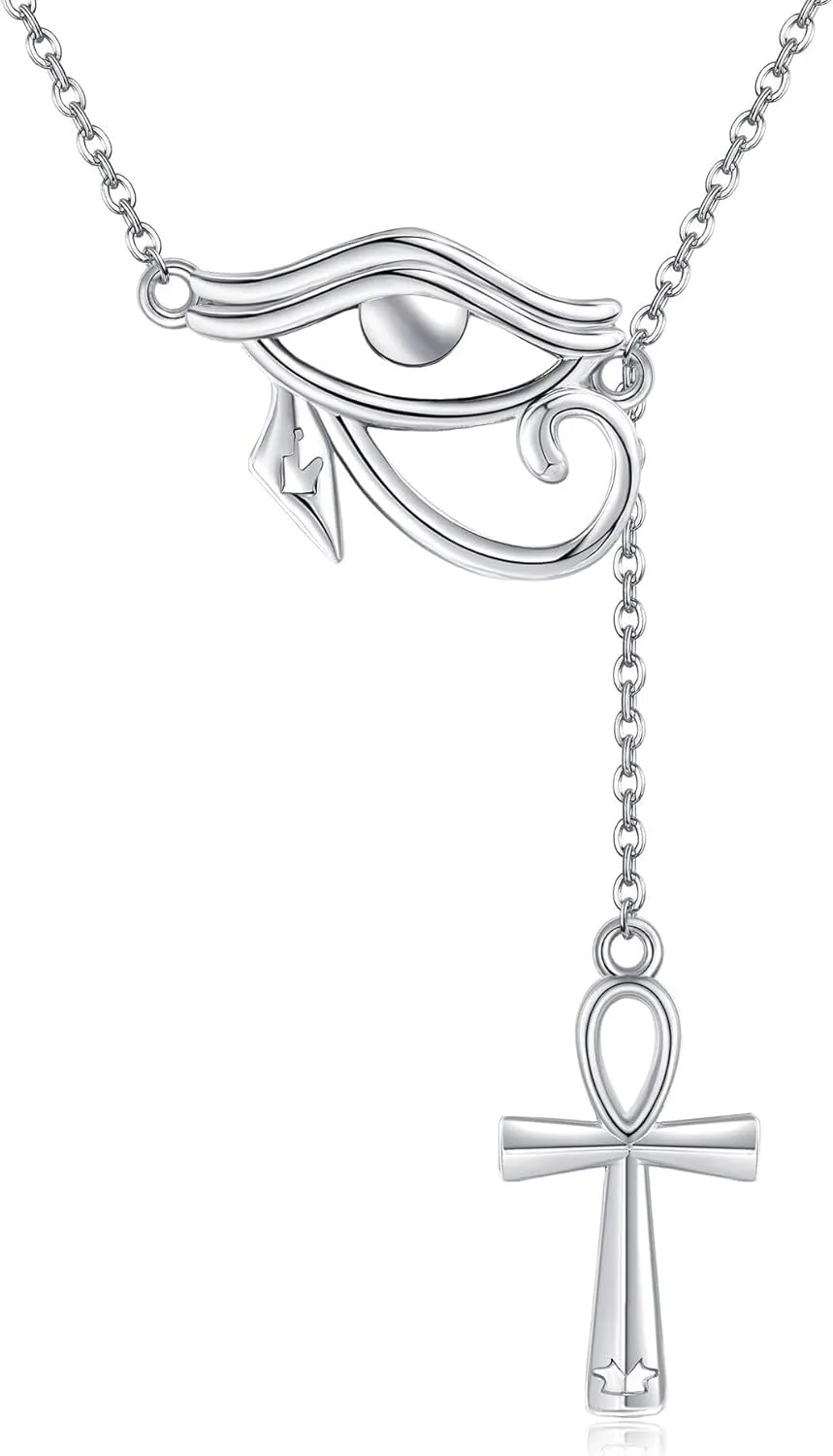 YAFEINI Eye of Horus with Ankh Necklace 925 Sterling Silver Ankh Cross Necklace Eye of Horus Pendant Necklaces Ancient Egyptian Jewelry Gifts for Women