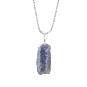 YANARA Raw Blue Sapphire Christmas Gifts For Men Natural Neelam Stone Rough Crystal Gemstone Dainty Pendant Necklace, September Birthstone, Silver Plated Chain 18 inch