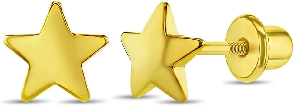 Yellow Gold Plated Plain Little Star Safety Screw Back Earrings for Toddlers and Little Girls 6mm - Elegant and Shining Star Jewelry for Kids Everyday Accessory