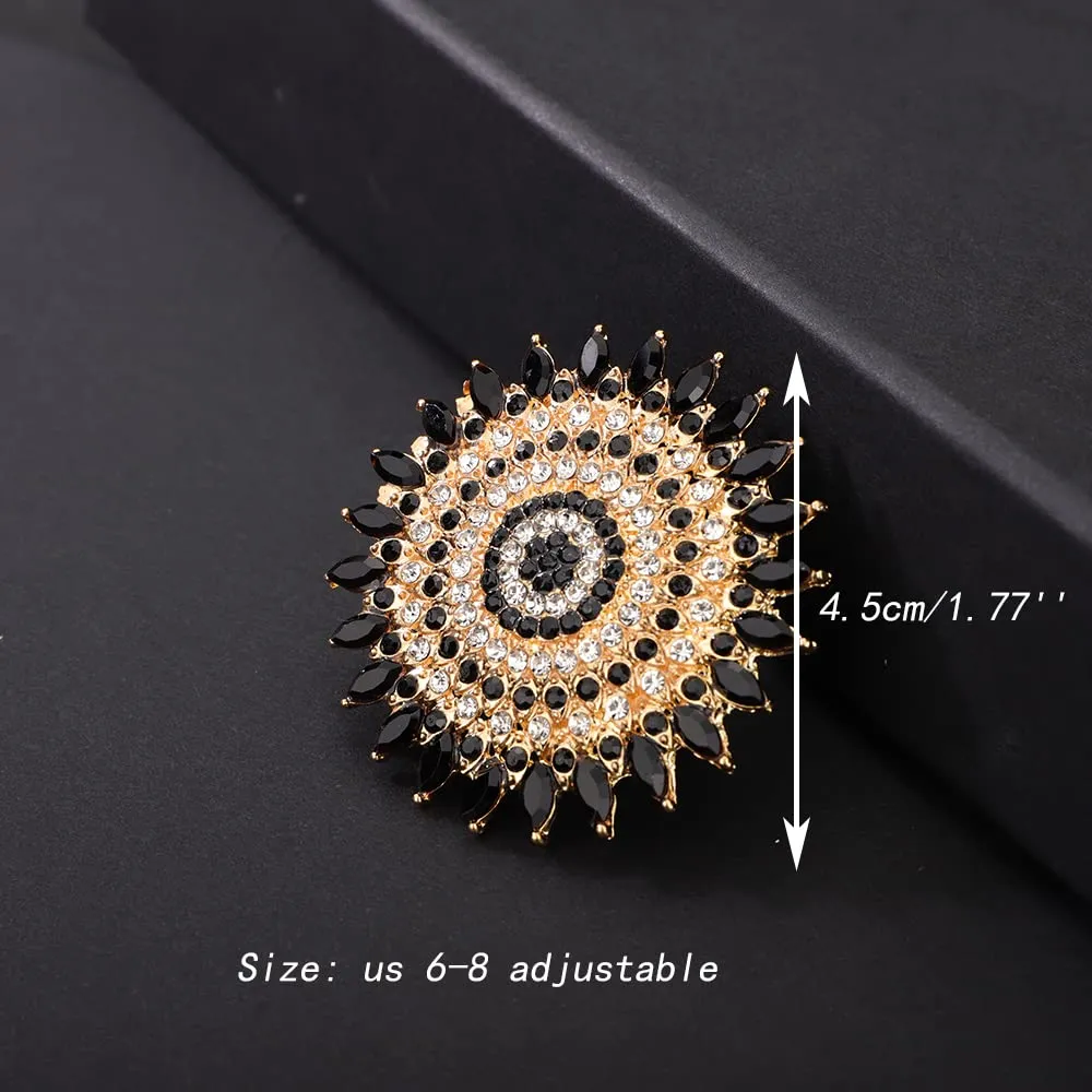 YERTTER Boho Gold Black Thick Big Round Gemstone Ring Crystal Ethnic Ring Women Statement Vintage Ring Adjustable Chic Rhinestone Band Ring for Wedding Women Brides Gold Black