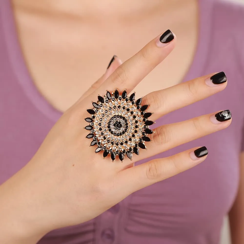 YERTTER Boho Gold Black Thick Big Round Gemstone Ring Crystal Ethnic Ring Women Statement Vintage Ring Adjustable Chic Rhinestone Band Ring for Wedding Women Brides Gold Black