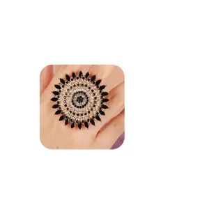 YERTTER Boho Gold Black Thick Big Round Gemstone Ring Crystal Ethnic Ring Women Statement Vintage Ring Adjustable Chic Rhinestone Band Ring for Wedding Women Brides Gold Black