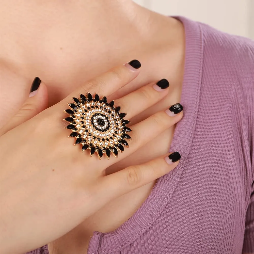 YERTTER Boho Gold Black Thick Big Round Gemstone Ring Crystal Ethnic Ring Women Statement Vintage Ring Adjustable Chic Rhinestone Band Ring for Wedding Women Brides Gold Black
